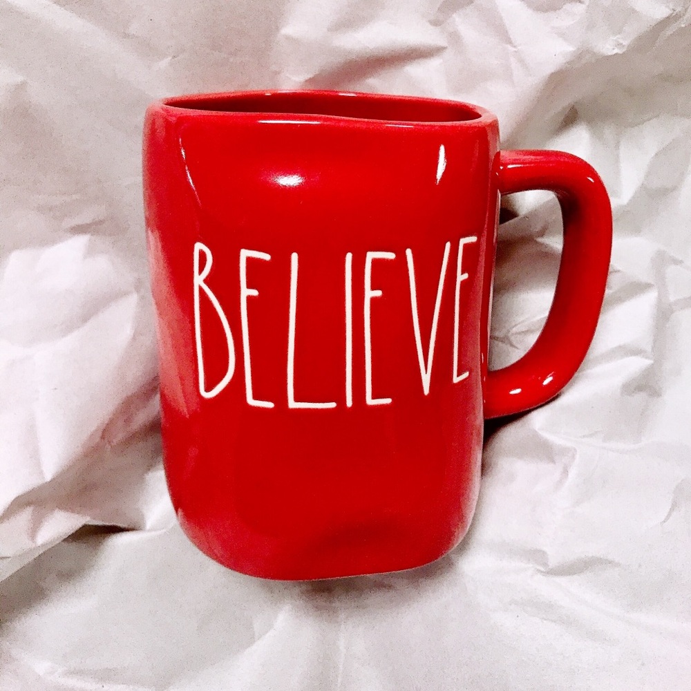 Rae Dunn Believe red Christmas mug